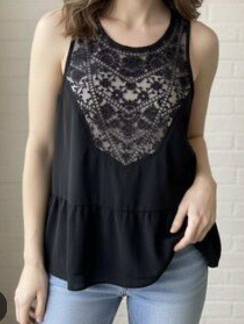 American Eagle Outfitters Black Lace Yoke Sleeveless Peplum Tank Top